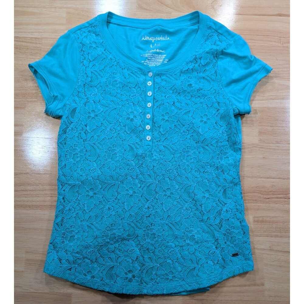 Aeropostale Women’s Large Teal Lace Front Henley Top Short Sleeve Button Neck